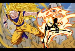  2boys bad_source blonde_hair crossover dannex009 dragon_ball dragon_ball_z electricity letterboxed long_hair multiple_boys muscular naruto_(series) naruto_shippuuden no_eyebrows short_hair son_goku spiked_hair super_saiyan super_saiyan_3 uzumaki_naruto 