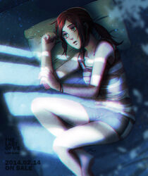  bad_id bad_pixiv_id blurry bra bracelet copyright_name ellie_(the_last_of_us) female fetal_position green_eyes jewelry kisw2010 light night photoshop_(medium) pillow ponytail red_hair shirt short_shorts shorts signature solo striped_clothes striped_shirt tank_top the_last_of_us the_last_of_us_(series) underwear 