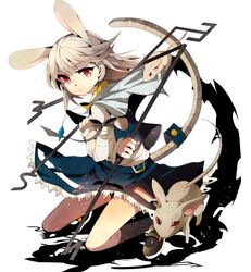  animal_ears arm_ribbon bad_id bad_pixiv_id capelet dowsing_rod extra_ears female fumiko_(miruyuana) gem highres jewelry juliet_sleeves kneeling long_sleeves looking_at_viewer mouse_(animal) mouse_ears mouse_tail nazrin necklace puffy_sleeves red_eyes ribbon shirt skirt solo tail touhou vest 