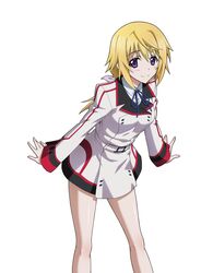  belt blonde_hair charlotte_dunois dress female grey_ribbon hair_ribbon highres infinite_stratos infinite_stratos_academy_school_uniform leaning_forward long_hair long_legs looking_at_viewer neck_ribbon ponytail purple_eyes ribbon school_uniform short_dress simple_background smile solo standing white_background 