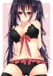  black_bra black_hair black_panties black_thighhighs bloodcatblack blush bra breast_suppress breasts cleavage commentary_request female frilled_panties frills highres large_breasts long_hair navel original panties red_eyes solo thighhighs twintails underwear underwear_only 