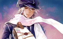  1boy asino brown_eyes commentary_request gauche_suede gloves hat letter male_focus photoshop_(medium) sky smile solo star_(sky) starry_sky tegami_bachi uniform white_hair 