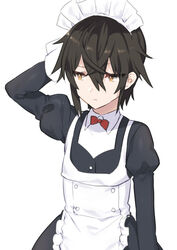  1boy akagi_kurage alternate_costume apron black_dress black_hair commentary_request crossdressing dress enmaided highres killian_phegor maid maid_apron maid_headdress male_focus pop-up_story shinigami simple_background solo white_background yellow_eyes 