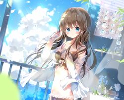  b_rock bad_id bad_pixiv_id blue_eyes blue_flower blush breasts brown_hair cloud collarbone cumulonimbus_cloud day female flower glass indoors large_breasts light_rays long_hair looking_at_viewer navel original outdoors railing shelf sky solo sunbeam sunlight vase 