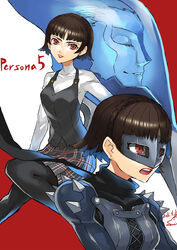  absurdres armor black_vest braid brown_hair commentary_request crown_braid female halterneck highres joanna_(persona_5) mask multiple_views niijima_makoto pantyhose persona persona_5 photoshop_(medium) plaid plaid_skirt pleated_skirt red_eyes samidare_satsuki school_uniform short_hair shuujin_academy_school_uniform skirt vest 