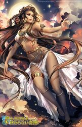  alice_jing anklet armlet barefoot breasts breasts_apart brown_hair cloud commentary dark_skin dress egyptian egyptian_mythology english_commentary facial_mark female jewelry long_hair medium_breasts midriff moon nature navel nuit revenge_of_dragoon see-through skirt smile veil 