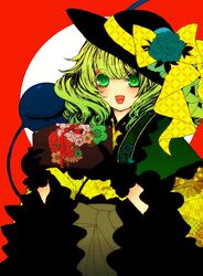  alternate_costume bento commentary_request female gloves green_eyes green_hair hakama hakama_skirt hat heart heart-shaped_pupils japanese_clothes kido_(choushouya) komeiji_koishi long_hair looking_at_viewer open_mouth skirt smile solo symbol-shaped_pupils third_eye touhou wide_sleeves 