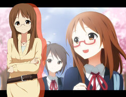  2girls :d aged_down belt blush brown_eyes brown_hair cherry_blossoms commentary_request crossed_arms glasses jewelry k-on! kakiuchi_itsuki kawaguchi_norimi letterboxed long_hair multiple_girls necklace open_mouth outline red-framed_eyewear ribbon sakuragaoka_high_school_uniform school_uniform semi-rimless_eyewear smile teenage tree under-rim_eyewear yamanaka_sawako 