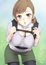  :o artist_name backpack bag black_pantyhose blush breasts breath brown_eyes brown_hair casual cleavage commentary_request female green_shorts heavy_breathing korisei large_breasts open_mouth original pantyhose pantyhose_under_shorts shirt shorts signature solo standing sweat 