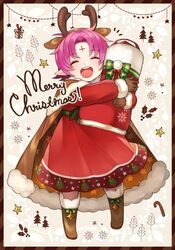  aym_(ash3ash3ash) bad_id bad_twitter_id blush boots cape christmas closed_eyes dress facial_mark facing_viewer fae_(fire_emblem) fae_(winter)_(fire_emblem) female fire_emblem fire_emblem:_the_binding_blade fire_emblem_heroes forehead_mark gloves highres open_mouth pointy_ears purple_hair short_hair smile solo 