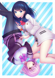  2girls black_hair black_pantyhose black_skirt blue_eyes bow breasts cardigan commentary_request feet_out_of_frame gridman_universe hand_on_another&#039;s_leg hand_up highres jacket large_breasts light_purple_hair long_hair long_sleeves looking_at_viewer multiple_girls orange_scrunchie pantyhose photoshop_(medium) pink_bow pleated_skirt purple_jacket red_bow school_uniform scrunchie shinjou_akane shirt short_hair simple_background skirt smile ssss.gridman striped striped_background takarada_rikka thighs upside-down uzu_hi white_cardigan white_shirt wrist_scrunchie yuri 