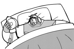  alarm_clock arm_up bkub clock futon greyscale gundam halftone holding looking_at_clock mecha monochrome no_humans pillow quality robot rx-78-2 simple_background under_covers white_background 