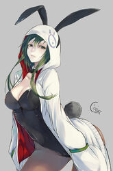  animal_ears bow bowtie breasts cleavage commentary_request female green_eyes green_hair hands_in_pockets highres hood hoodie huge_breasts jikeshi leotard long_hair original pantyhose playboy_bunny rabbit_ears solo 