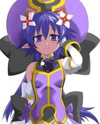  adjusting_hair animal_ears bare_shoulders blush bow breasts commentary_request detached_sleeves dress elbow_gloves extra_ears female gloves hair_ornament hat long_hair looking_at_viewer matsuhime_mujina otoo_(izanagi) pointy_ears purple_eyes purple_hair raccoon_ears shinrabanshou small_breasts smile solo upper_body white_background white_gloves 