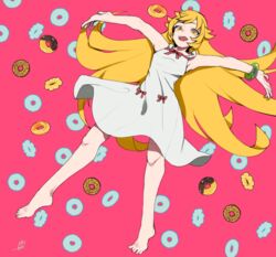  artist_name barefoot blonde_hair commentary_request doughnut dress female food highres long_hair looking_at_viewer monogatari_(series) open_mouth oshino_shinobu outstretched_arms sasha_f solo spread_arms sundress white_dress yellow_eyes 