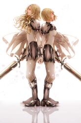  2girls armored_boots blonde_hair bodysuit boots clare_(claymore) claymore_(series) closed_eyes closed_mouth commentary_request full_body grey_eyes highres holding holding_hands holding_sword holding_weapon long_hair multiple_girls petals profile roukaku17 smile sword teresa_(claymore) weapon white_background 