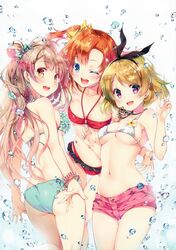  3girls :d ;d absurdres anchor_symbol arm_around_waist ass back bandeau bangle bikini bikini_top_only blonde_hair blue_background blue_bikini blue_eyes blush bow bracelet breasts brown_hair cleavage collarbone fingernails flower green_bow grin groin hair_ribbon hairbow halterneck highres jewelry koizumi_hanayo kosaka_honoka leaning_forward long_fingernails long_hair looking_at_viewer looking_back love_live! love_live!_school_idol_project medium_breasts minami_kotori miwabe_sakura multicolored_nails multiple_girls nail_polish navel necklace one_eye_closed one_side_up open_mouth orange_hair pink_eyes pink_nails plumeria printemps_(love_live!) red_bikini ribbon scan shiny_clothes shiny_skin short_hair short_shorts shorts smile strap_gap string_bikini swimsuit thigh_gap underboob water water_drop white_bikini yellow_bow yellow_eyes 