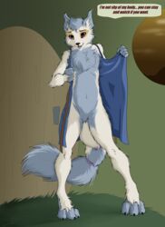  3_toes absurd_res alien ambiguous_gender anthro black_eyes black_nose blue_body blue_clothing blue_fur blue_robe chest_tuft clothing countershading english_text featureless_crotch feet fur gthusky hi_res inner_ear_fluff lonviel_(mrphox) multicolored_body multicolored_fur navel purple_sclera reverse_countershading robe simple_background solo standing text toes tuft two_tone_body two_tone_fur undressing white_body white_fur young 