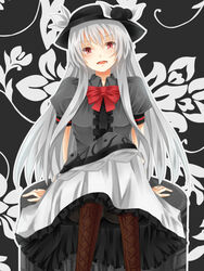  alternate_color alternate_hair_color amato_(mugen) arm_support awai_shiro bad_id bad_pixiv_id boots bow dress female food fruit grey_hair hat hinanawi_tenshi long_hair looking_at_viewer m.u.g.e.n pantyhose peach photoshop_(medium) red_eyes sidelocks sitting smile solo touhou very_long_hair 