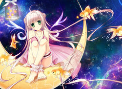  barefoot bridal_garter cage commentary_request crescent_moon crossed_legs female fish goldfish green_eyes kawai_maria long_hair moon on_crescent original pink_hair sitting smile solo star_(symbol) 