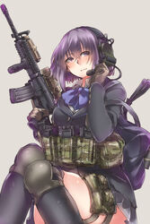  asato_miyo assault_rifle ayyh bag commentary_request female gloves gun headset highres holding holding_gun holding_weapon knee_pads little_armory load_bearing_equipment m4_carbine purple_eyes purple_hair rifle school_bag school_uniform simple_background sitting solo trigger_discipline weapon 