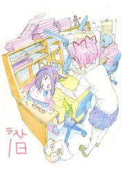  3girls akemi_homura chair character_pillow charlotte_(madoka_magica) colored_pencil_(medium) commentary_request covering_with_blanket desk desk_lamp drooling figure glasses iseki_shuuichi kaname_madoka kyuubee lamp mahou_shoujo_madoka_magica mahou_shoujo_madoka_magica_(anime) miki_sayaka multiple_girls pillow sakura_kyoko sitting sleeping traditional_media trash_can twintails 