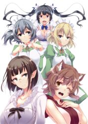  5girls ;d animal_ears aqua_eyes black_hair blonde_hair blue_eyes breasts brown_eyes brown_hair cat_ears cleavage commentary_request dungeon_ni_deai_wo_motomeru_no_wa_machigatteiru_darou_ka eina_tulle elf fingers_together glasses gloves grey_hair hair_ornament hand_on_own_chest hestia_(danmachi) highres index_fingers_together large_breasts liliruca_arde looking_at_viewer maid_headdress medium_breasts multiple_girls one_eye_closed open_mouth pointy_ears rei_no_himo ryu_lion sasakawa_arumi short_hair simple_background smile syr_flover twintails waitress wavy_mouth white_background white_gloves 