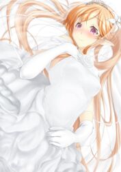  blush brown_hair commentary_request dress elbow_gloves elf female flower gloves hair_flower hair_ornament long_hair minisuka_to_niku_daigaku myucel_foalan outbreak_company pointy_ears purple_eyes rose simple_background solo tiara wedding_dress white_dress white_flower white_gloves white_rose 