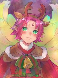  antlers bell bow closed_mouth commentary_request facial_mark fae_(fire_emblem) fae_(winter)_(fire_emblem) female fire_emblem fire_emblem:_the_binding_blade fire_emblem_heroes forehead_mark fur_trim green_eyes hikashi10_nsk horns pointy_ears protected_link purple_hair reindeer_antlers short_hair solo upper_body wings 