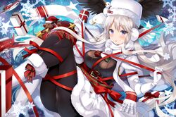  absurdres azur_lane bald_eagle belt belt_buckle bird boots box breasts buckle capelet christmas commentary_request eagle entangled enterprise_(azur_lane) enterprise_(reindeer_master)_(azur_lane) female fur_trim gift gift_box grim_(azur_lane) hat highres kurot large_breasts long_hair official_alternate_costume pantyhose purple_eyes reindeer ribbon santa_costume scarf second-party_source snowman underbust white_hair white_santa_costume white_theme winter_clothes 