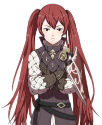  belt crossed_arms female fire_emblem fire_emblem_if luna_(fire_emblem_if) nintendo official_art red_hair serena_(fire_emblem) shield simple_background solo twintails very_long_hair 