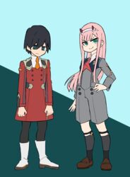  1boy black_hair black_legwear blue_eyes boots brown_footwear cosplay couple darling_in_the_franxx eyebrows_visible_through_hair female green_eyes hair_ornament hairband hand_on_hip hiro_(darling_in_the_franxx) hiro_(darling_in_the_franxx)_(cosplay) horns long_hair looking_at_viewer military military_uniform necktie nonomiya_nonon oni_horns orange_neckwear pantyhose pink_hair red_horns red_neckwear shoes short_hair socks uniform white_footwear white_hairband zero_two_(darling_in_the_franxx) zero_two_(darling_in_the_franxx)_(cosplay) 