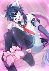  bandage black_sclera clothed clothing countershading crossdressing domestic_cat eye_scar facial_scar feet felid feline felis femboy foot_focus frosh_(furoroshu) fumiko mammal partially_clothed pawpads scar school_uniform underwear underwear_down uniform 