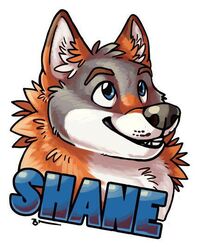  abigfathen badge blue_eyes canid canine canis digital_media_(artwork) fluffy grin happy mammal monochrome red_wolf shanewolf simple_background smile wolf 