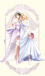  2girls :o alternate_hairstyle arm_around_waist bad_id bad_pixiv_id bare_arms bare_legs bare_shoulders black_hair blonde_hair bouquet braid breasts bridal_gauntlets bridal_veil cleavage collarbone couple dress eye_contact facial_mark flower forehead_mark full_body hand_on_another&#039;s_hip hands_up high_heels highres holding holding_bouquet large_breasts long_dress looking_at_another mature_female may_c multiple_girls nail_polish naruto naruto_(series) off-shoulder_dress off_shoulder open_mouth parted_lips pink_flower pink_footwear purple_dress red_flower red_nails shared_veil shizune_(naruto) shoes short_hair side_braid skirt_hold smile standing strapless strapless_dress swept_bangs tsunade_(naruto) veil very_short_hair wedding_dress white_dress white_flower white_footwear wife_and_wife yuri 