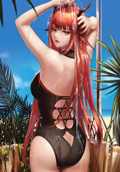  animal_ears ass ass_cutout bangs bare_arms bare_back bare_shoulders black_swimsuit blue_sky blurry breasts butt_crack casual_one-piece_swimsuit chaos_(dungeon_and_fighter) cowboy_shot day depth_of_field dungeon_and_fighter female from_behind halterneck hands_up head_fins heterochromia highres horizon horns knight_(dungeon_and_fighter) large_breasts lipstick long_hair looking_at_viewer looking_back makeup monaim ocean one-piece_swimsuit orange_eyes outdoors parted_lips plant red_eyes red_hair red_lipstick seductive_smile showering sky smile solo standing swimsuit water wet wood 