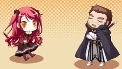  1boy cape chibi closed_eyes female game_cg hinomiya_ayari ko~cha kurauchi_joji long_hair red_hair sword weapon witch&#039;s_garden yellow_eyes 