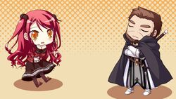  1boy cape chibi closed_eyes female game_cg hinomiya_ayari ko~cha kurauchi_joji long_hair red_eyes red_hair sword weapon witch&#039;s_garden yellow_eyes 