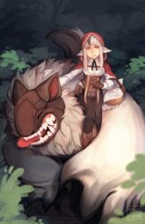  1boy animal_ears artist_name black_hair boots brown_eyes female fire_emblem fire_emblem_fates furry furry_male grey_hair highres hood hoodie leaf long_hair multicolored_hair sangcoon sitting solo_focus tail teeth tongue tongue_out tree two-tone_hair velouria_(fire_emblem) werewolf wolf_boy wolf_ears wolf_tail 