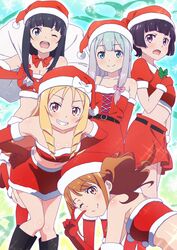  5girls ;) belt bent_over black_footwear black_hair blonde_hair blue_eyes blunt_bangs boots bow bowtie breasts brown_eyes brown_hair cleavage collarbone commentary_request crop_top dress drill_hair elbow_gloves eromanga_sensei fur-trimmed_boots fur-trimmed_dress fur-trimmed_gloves fur-trimmed_headwear fur_trim gift_bag gloves gradient_hair grey_hair grin hairbow hands_on_own_hips hat highres holding holding_sack izumi_sagiri jinno_megumi looking_at_viewer makicha_(sasurainopink) medium_breasts midriff miniskirt multicolored_hair multiple_girls navel one_eye_closed pink_bow pointy_ears purple_eyes red_bow red_bowtie red_dress red_footwear red_gloves red_hat red_skirt sack santa_boots santa_hat senju_muramasa shiny_skin short_hair short_sleeves skirt sleeveless sleeveless_dress small_breasts smile stomach strapless takasago_tomoe twin_drills v_over_eye yamada_elf 