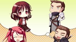  1boy 2girls cape chibi closed_eyes game_cg hinomiya_ayari ko~cha kurauchi_joji long_hair multiple_girls o_o red_eyes red_hair sword weapon witch&#039;s_garden 