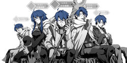  4boys absurdres blue_eyes blue_hair cape commentary_request female gender_request glasses highres log_horizon long_hair mosang multiple_boys multiple_persona photoshop_(medium) roe2_(log_horizon) rule_63 shiroe_(log_horizon) short_hair staff 