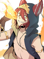  1boy animal_ears cat_ears commentary_request earrings ears_through_headwear elmott erune fingerless_gloves fire gloves granblue_fantasy hood hoodie jewelry looking_at_viewer male_focus necklace potato_(oriha94) red_hair sharp_teeth simple_background smile solo teeth upper_body white_background yellow_eyes 