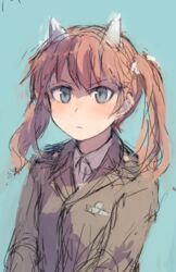  animal_ears bad_id bad_link bad_twitter_id blue_background blue_eyes female francie_gerard hair_ribbon horse_ears horse_girl long_hair military military_uniform ohashi_(hashidate) orange_hair ribbon solo strike_witches:_katayoku_no_majo-tachi twintails uniform world_witches_series 