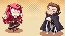  1boy cape chibi closed_eyes female game_cg hinomiya_ayari ko~cha kurauchi_joji long_hair red_hair sword weapon witch&#039;s_garden 