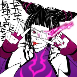  bad_id bad_pixiv_id bare_shoulders black_hair detached_sleeves energy eyepatch female fingerless_gloves gloves glowing glowing_eye hair_horns halterneck juri_han looking_at_viewer lowres nail_polish purple_nails sasaki_(sid328) solo street_fighter street_fighter_iv_(series) tongue tongue_out v 