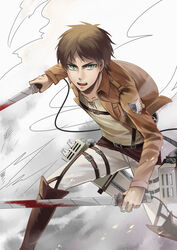  aokiku bad_id bad_pixiv_id belt blood brown_hair emblem eren_yeager green_eyes highres jacket long_sleeves male_focus open_mouth paradis_military_uniform shingeki_no_kyojin slit_pupils solo survey_corps_(emblem) thigh_strap three-dimensional_maneuver_gear weapon 