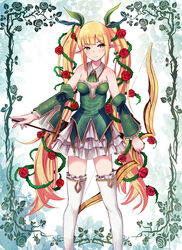  arrow_(projectile) ascot bare_shoulders blonde_hair blush boots bow_(weapon) breasts breasts_apart commentary_request detached_collar detached_sleeves elf female floral_print flower green_eyes hair_flower hair_ornament hair_ribbon light_smile long_hair photoshop_(medium) plant pointy_ears quiver qunqing red_flower red_rose ribbon rose rose_print sennen_sensou_aigis sidelocks small_breasts solo spica_(sennen_sensou_aigis) standing thigh_boots thighhighs thorns twintails very_long_hair vines weapon white_footwear white_thighhighs zettai_ryouiki 