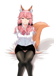  &gt;:) animal_ear_fluff animal_ears arm_support befe black_panties black_scrunchie black_skirt black_thighhighs bow breasts closed_mouth commentary dress_shirt fate/grand_order fate_(series) feet_out_of_frame female fox_ears fox_girl fox_tail highres large_breasts long_hair looking_at_viewer low_twintails miniskirt panties pantyshot pencil_skirt pink_bow pink_hair scrunchie shirt shirt_tucked_in sitting skirt solo tail tail_raised tamamo_(fate) tamamo_no_mae_(fate/extra) thighhighs thighs twintails underwear v-shaped_eyebrows white_shirt yellow_eyes 