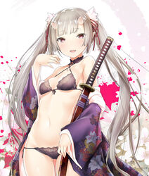  47agdragon bare_shoulders black_bra black_panties blush bow bow_panties bra breasts choker commentary_request fangs female floral_print front-tie_top grey_hair hair_ribbon highres holding holding_sheath holding_sword holding_weapon horns japanese_clothes katana kimono long_hair long_sleeves looking_at_viewer menuki navel off_shoulder oni open_clothes open_kimono open_mouth original panties pointy_ears red_eyes red_ribbon ribbon sageo saya_(scabbard) scabbard sheath sheathed skin-covered_horns small_breasts smile solo standing sword twintails underwear underwear_only very_long_hair weapon wide_sleeves 